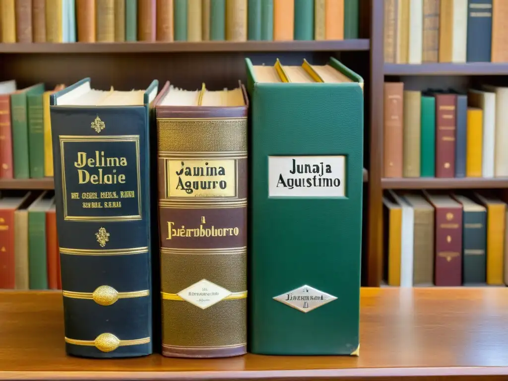 Libros antiguos en biblioteca vintage, destaca 'Juana de Ibarbourou' y 'Delmira Agustini', símbolos de poder femenino en la literatura uruguaya