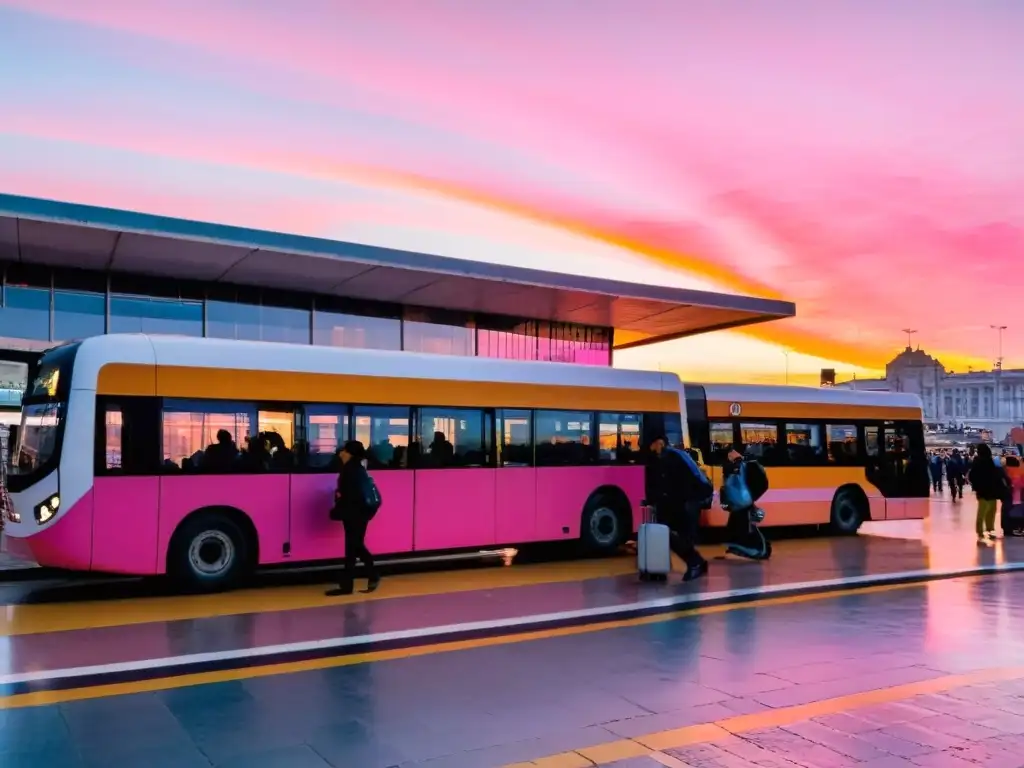 Amanecer lleno de vida en la estación central de autobuses de Montevideo, Uruguay, reflejo de consejos de transporte económico en Uruguay