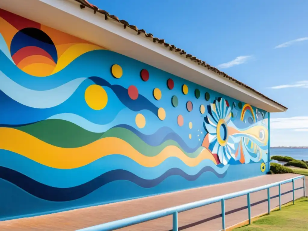 Locales y turistas admirando los vibrantes y soleados Murales de Carlos Páez Vilaró en Punta del Este, un espectáculo de color y cultura