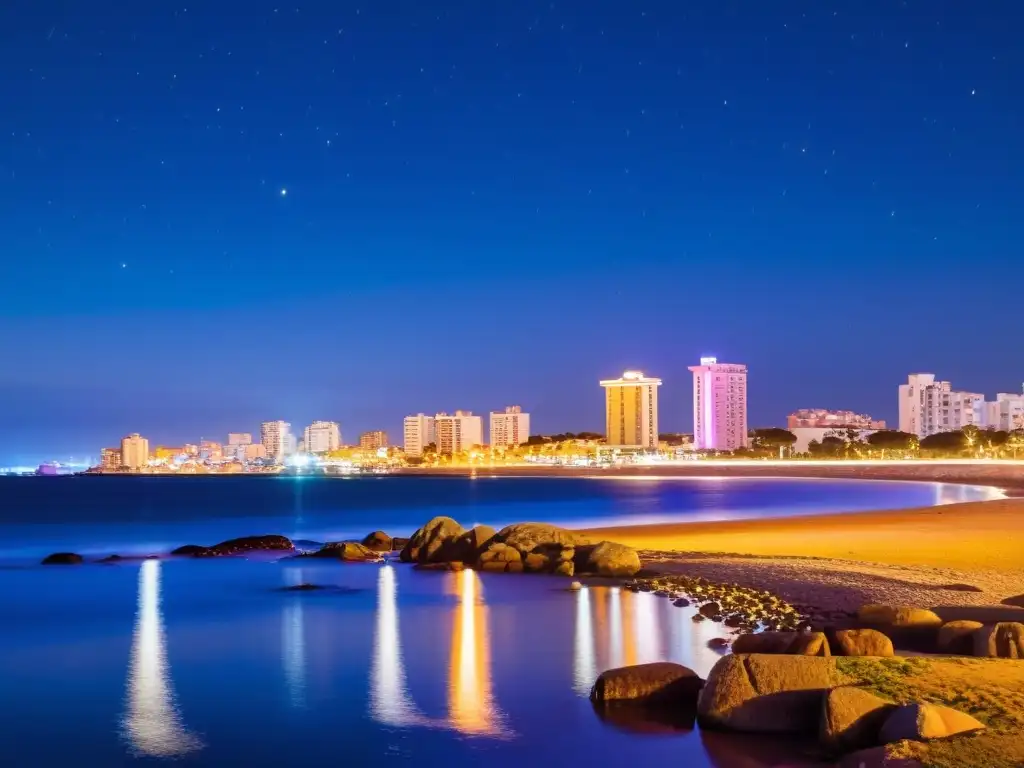 Luces de neón de Punta del Este, Uruguay, reflejándose en aguas tranquilas bajo un cielo estrellado, dando vida a la vibrante ciudad costera y su emblemática escultura, La Mano