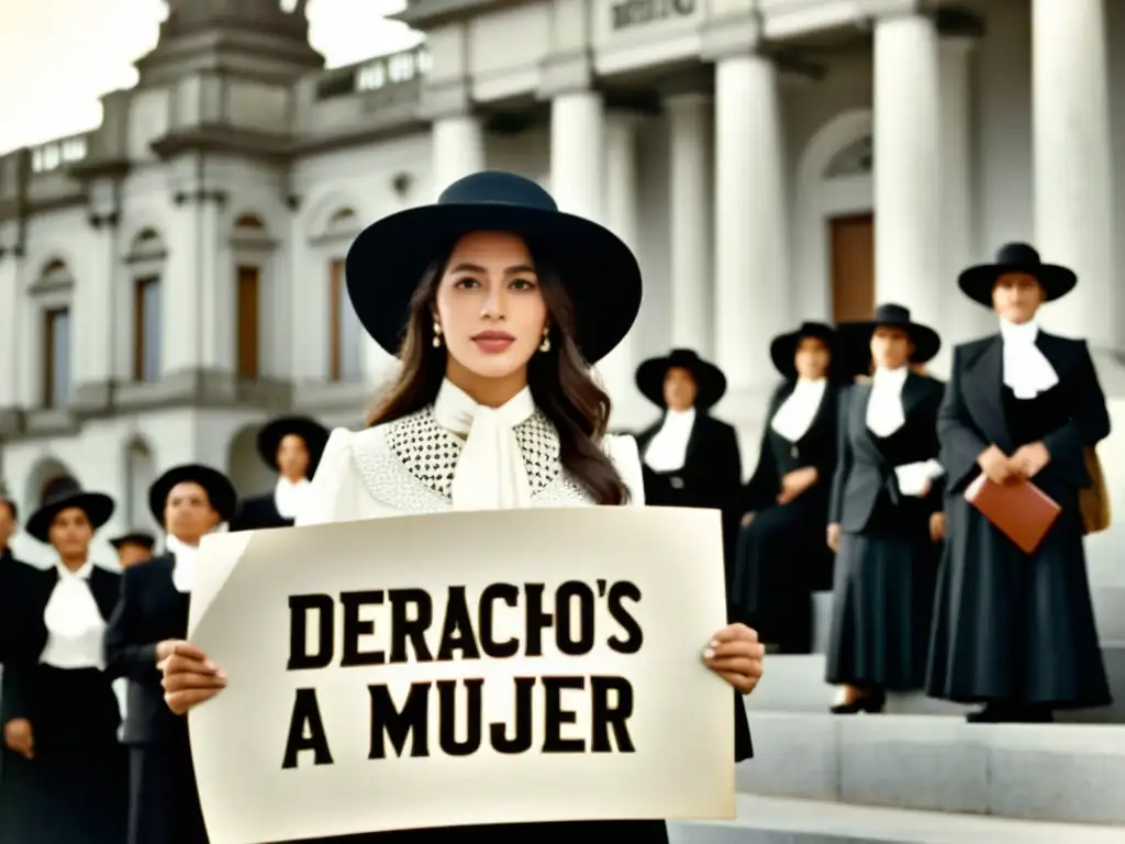 Paulina Luisi, en lucha por los derechos de la mujer, destaca enérgicamente en una foto de sepia frente al Parlamento de Uruguay