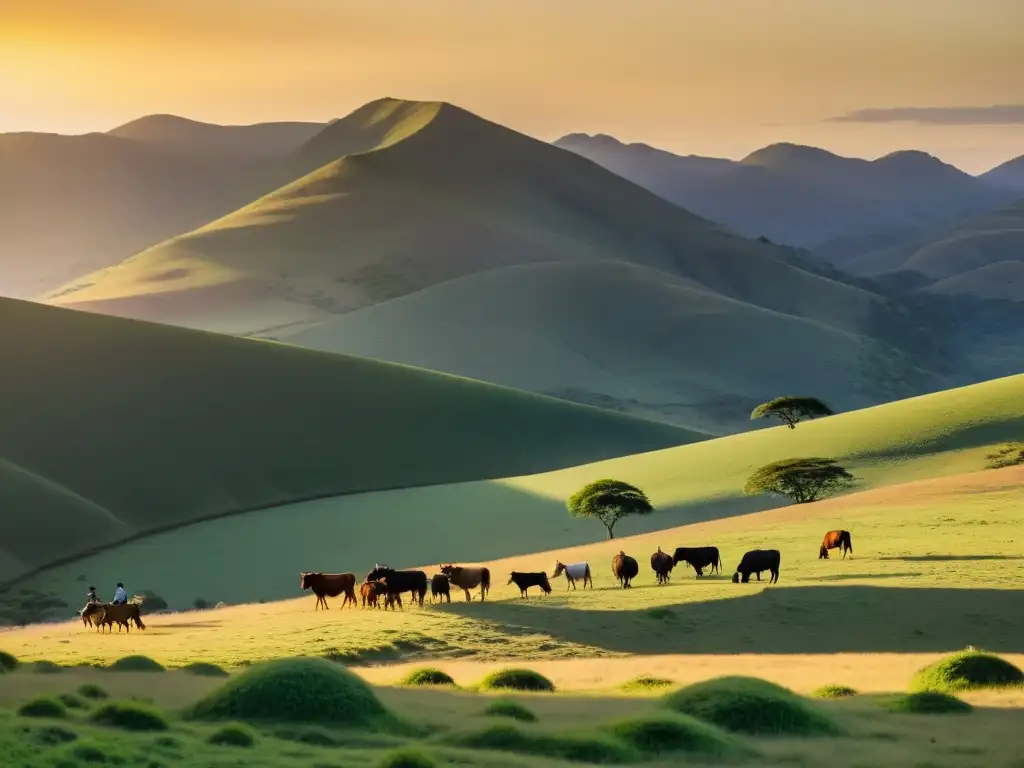 Lugares ocultos Uruguay viaje fotográfico: Tacuarembó al atardecer, con gauchos, ganado y naturaleza vibrante bajo un cielo colorido