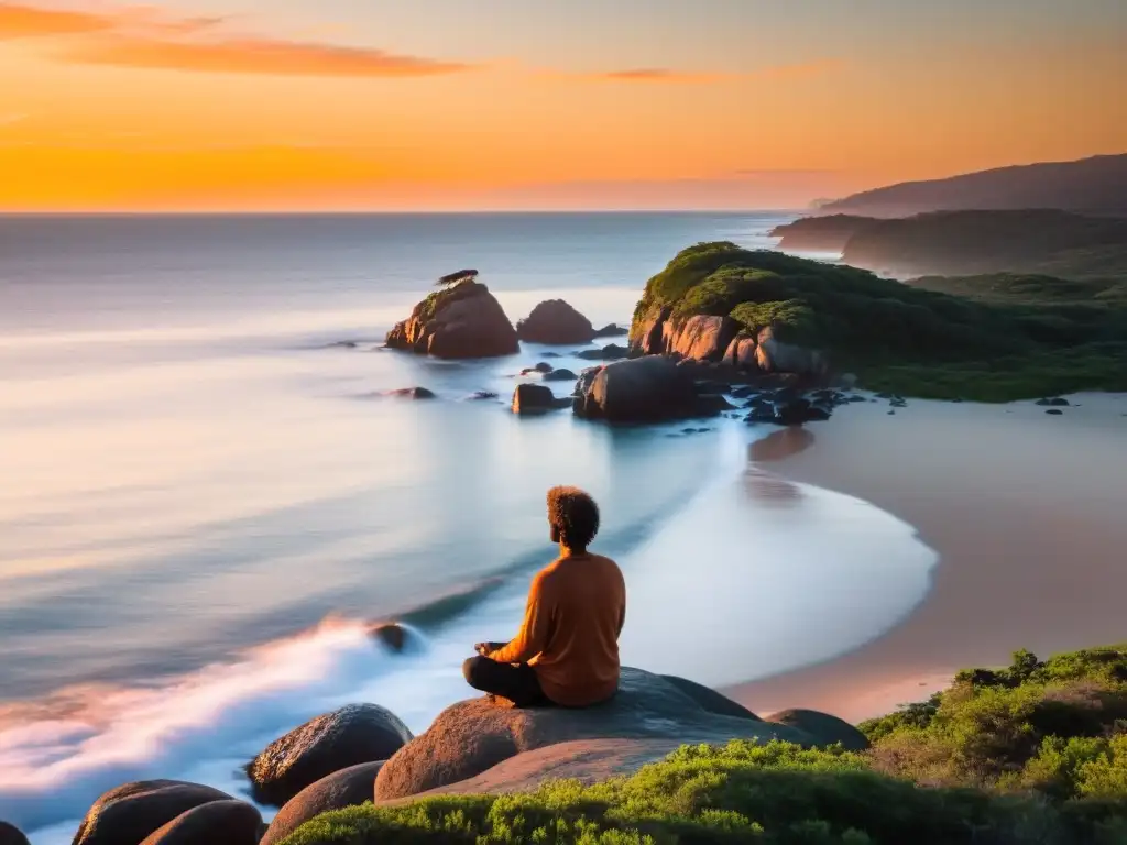 Figura en meditación en Uruguay lugares paz, disfrutando la serenidad del atardecer en el Parque Nacional Santa Teresa