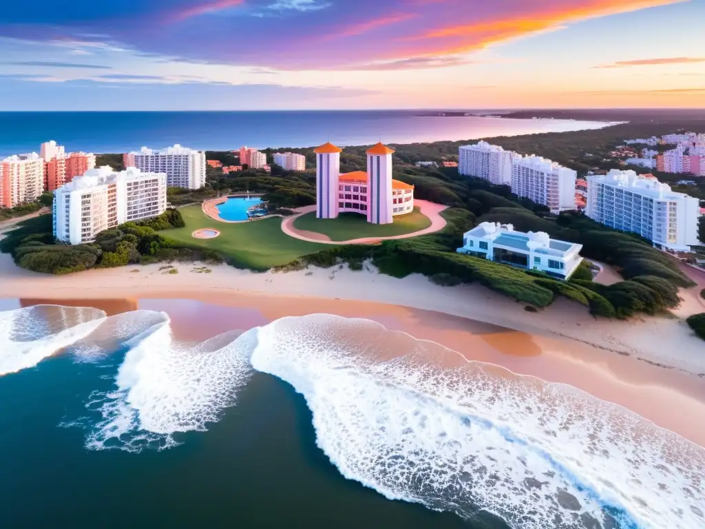 Lujo y naturaleza en Punta del Este: atardecer vibrante, La Mano emergiendo de la arena, villas lujosas, y el faro icónico