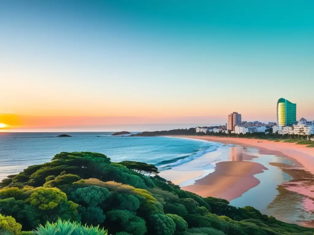 Lujo y naturaleza en Punta del Este, con yates anclados en un océano turquesa al atardecer, gente elegante y la icónica La Mano