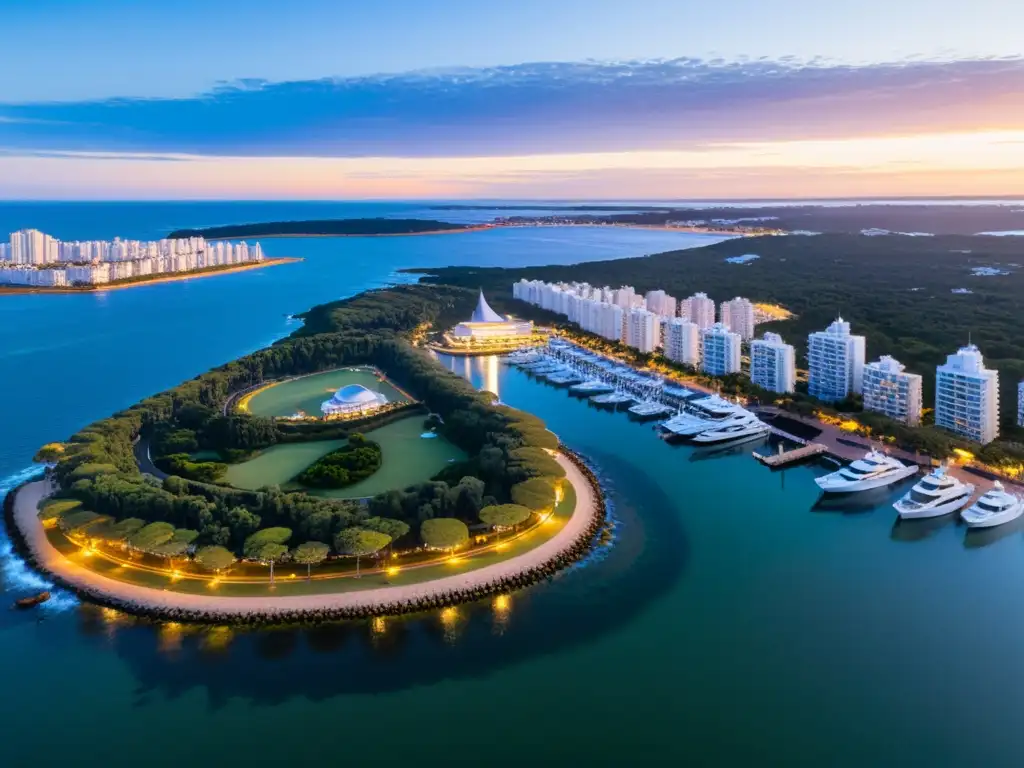 Lujo y naturaleza en Punta del Este, con yates de ensueño en un mar dorado por el atardecer y un frondoso bosque en primer plano