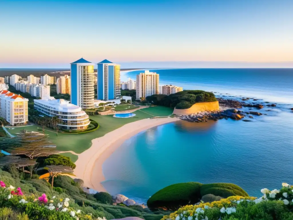 Lujo y naturaleza en Punta del Este: villas lujosas, mar azul y jardín floreciente bajo un atardecer encendido