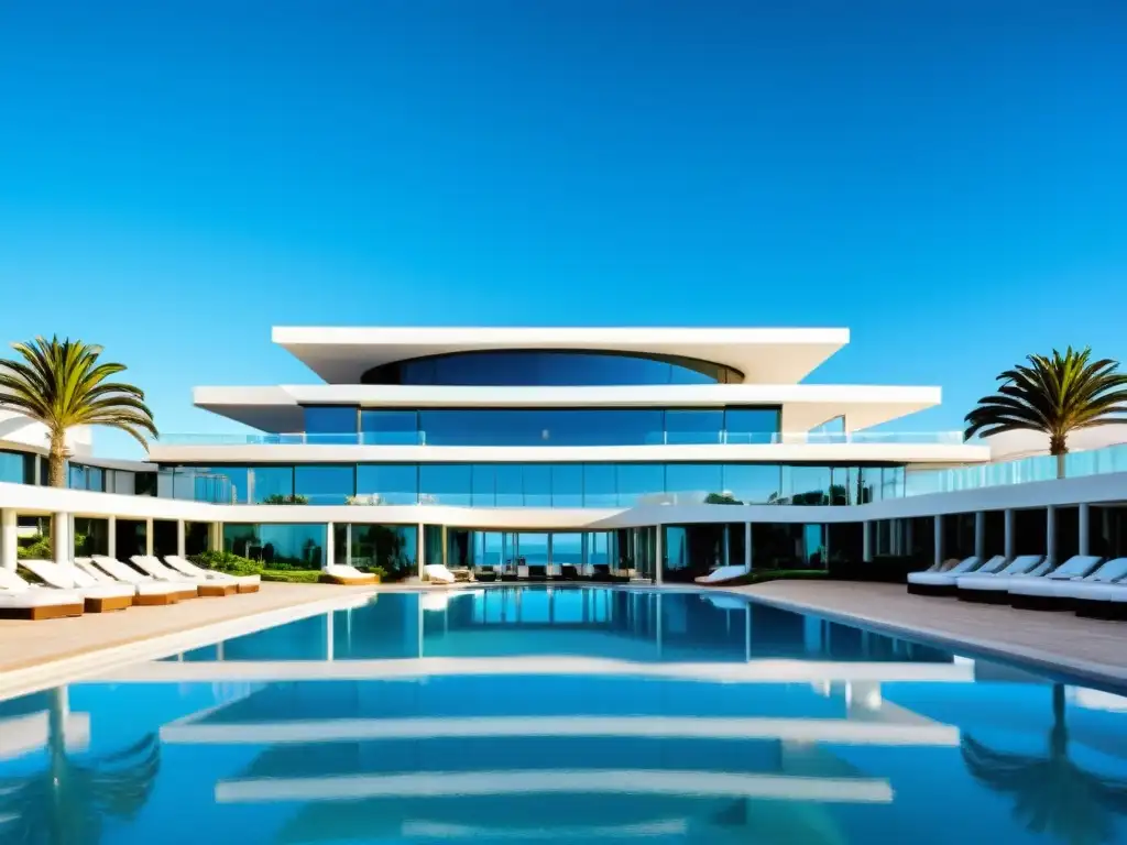 Lujo y tranquilidad en uno de los mejores hoteles 5 estrellas Uruguay, en Punta del Este, reflejándose en una piscina turquesa y el azul del cielo