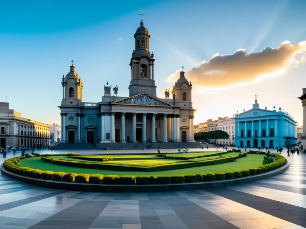 La luz dorada del atardecer ilumina una de las Catedrales más antiguas de Uruguay, la Metropolitana de Montevideo, enmarcada por la vibrante Plaza Constitución