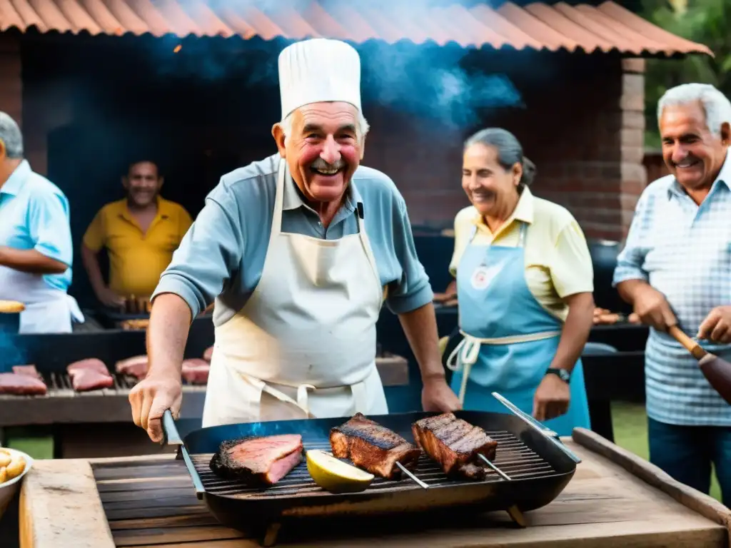 El maestro del asado uruguayo atiende la parrilla en un evento gastronómico, reflejando la economía local de Uruguay