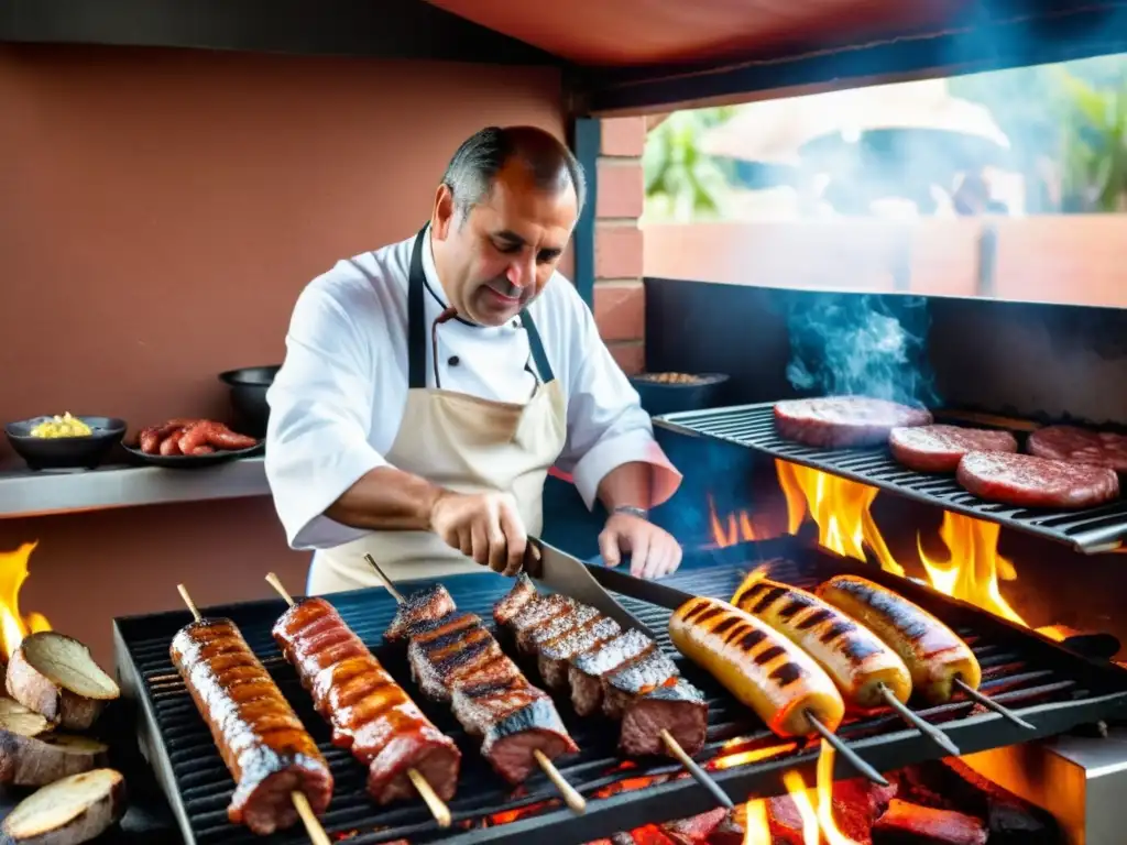 Maestro parrillero en una auténtica 'Parrillada tradicional en Uruguay', rodeado de comensales disfrutando entre luces suaves y aromas tentadores