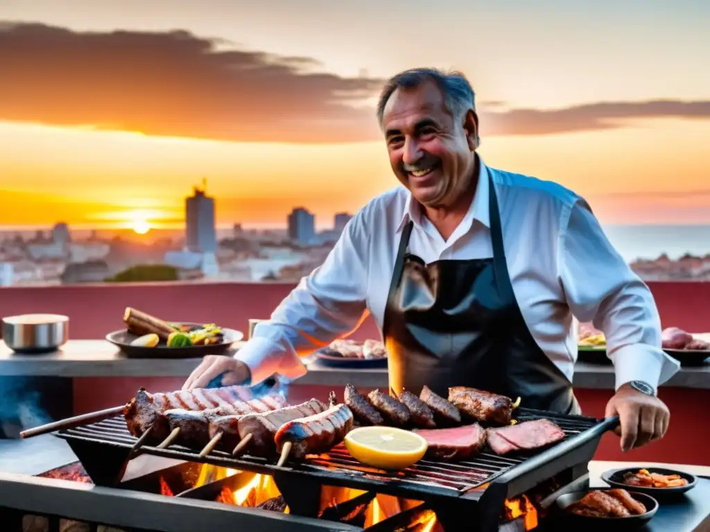 Maestro parrillero en una concurrida y vibrante 'Parrillada tradicional en Uruguay', rodeado de risas, vinos y música al atardecer