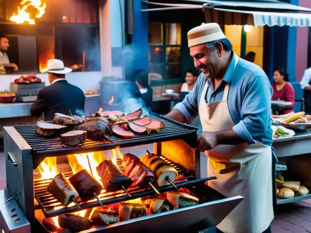 Maestro parrillero uruguayo preparando deliciosas carnes en una bulliciosa parrillada callejera en Montevideo, bajo un cielo crepuscular