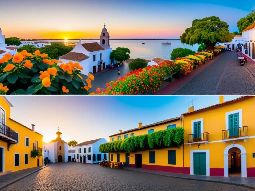 Mágico atardecer en Colonia del Sacramento, Uruguay, con familias entrando a uno de los mejores alojamientos para niños, rodeados de alegría y tranquilidad