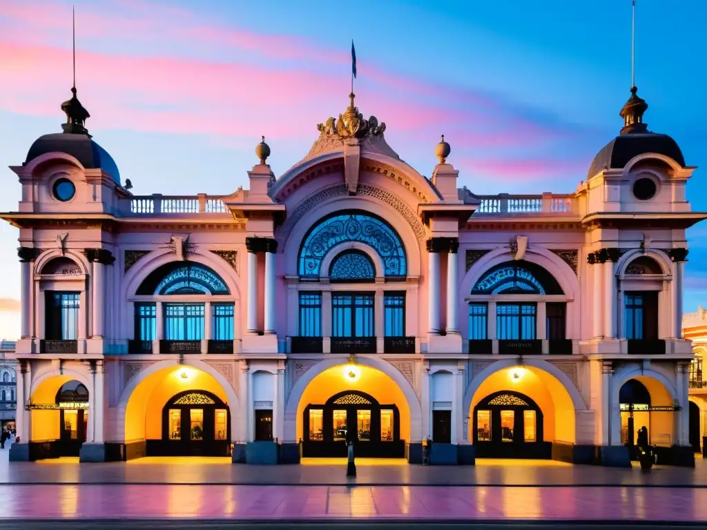 Amanecer en la majestuosa 'Estación AFE Montevideo Centro Cultural', su arquitectura neoclásica resplandece bajo tonos rosados y naranjas