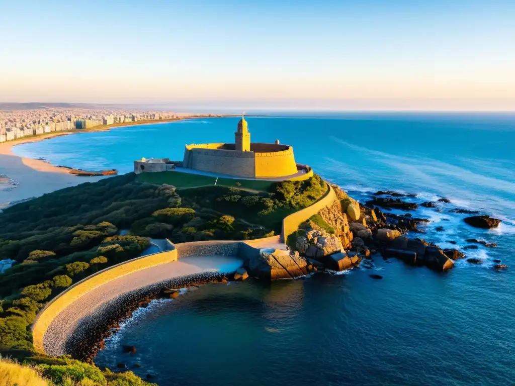 La majestuosa Fortaleza del Cerro en Montevideo, Uruguay, testigo de la historia fortalezas costa uruguaya, bañada en tonos dorados al atardecer