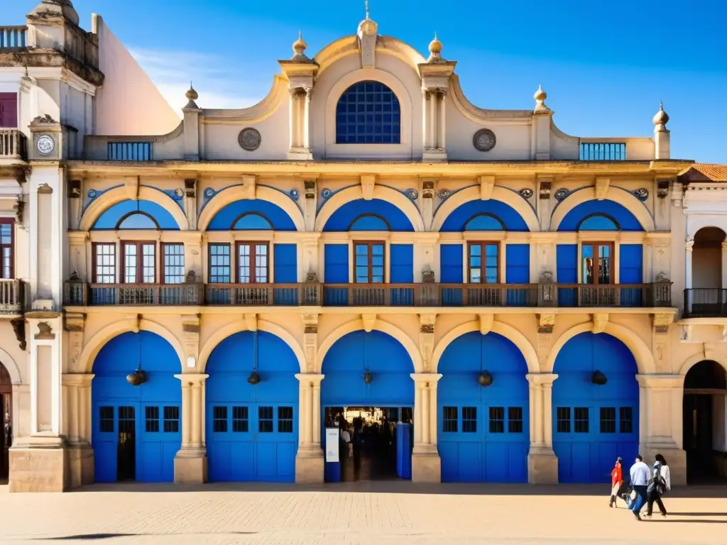 La majestuosidad histórica del Mercado del Puerto en Uruguay, con su encanto envejecido y ornamentos de hierro cobalto, reflejando cultura viva