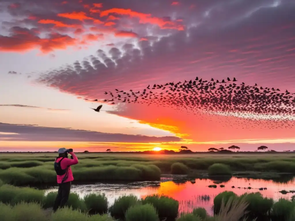 Amanecer majestuoso en los humedales uruguayos, aves coloridas alzan el vuelo, observador embelesado