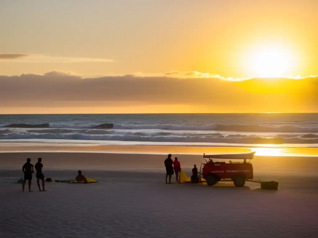 Temprano en la mañana, los salvavidas preparan consejos de seguridad en las playas de Uruguay, bajo un amanecer dorado