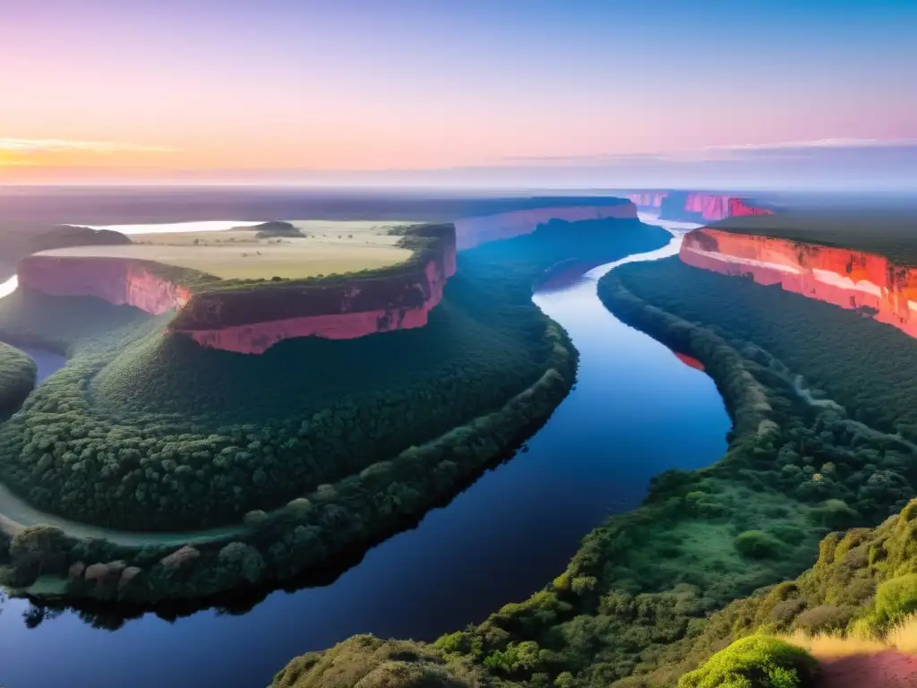 Mañana serena en Quebrada de los Cuervos, Uruguay, con aves majestuosas y observadores aplicando técnicas avanzadas de observación de aves