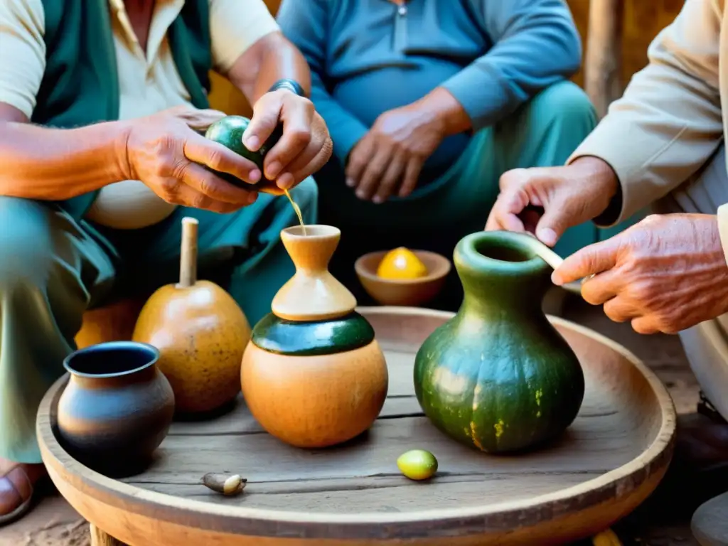 Mano anciana vertiendo agua en mate decorado, reflejando la tradición y cultura del mate en Uruguay, mientras jóvenes y viejos conversan con calidez en una plaza de Montevideo