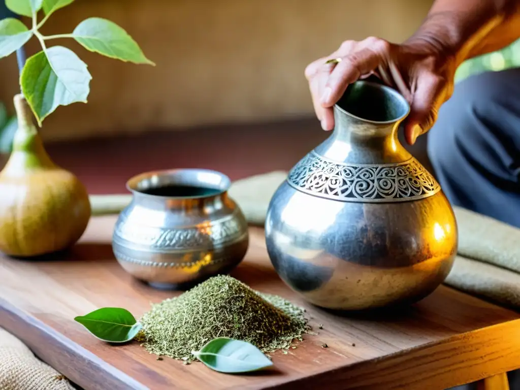 Mano anciana uruguaya vertiendo agua caliente en calabaza con yerba, retratando la historia del mate uruguayo en una cocina rústica