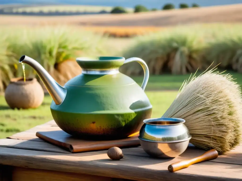 Mano arrugada de gaucho uruguayo llenando un mate tradicional en un paisaje rústico, evocando la serena y cálida 'Cultura del mate en Uruguay'