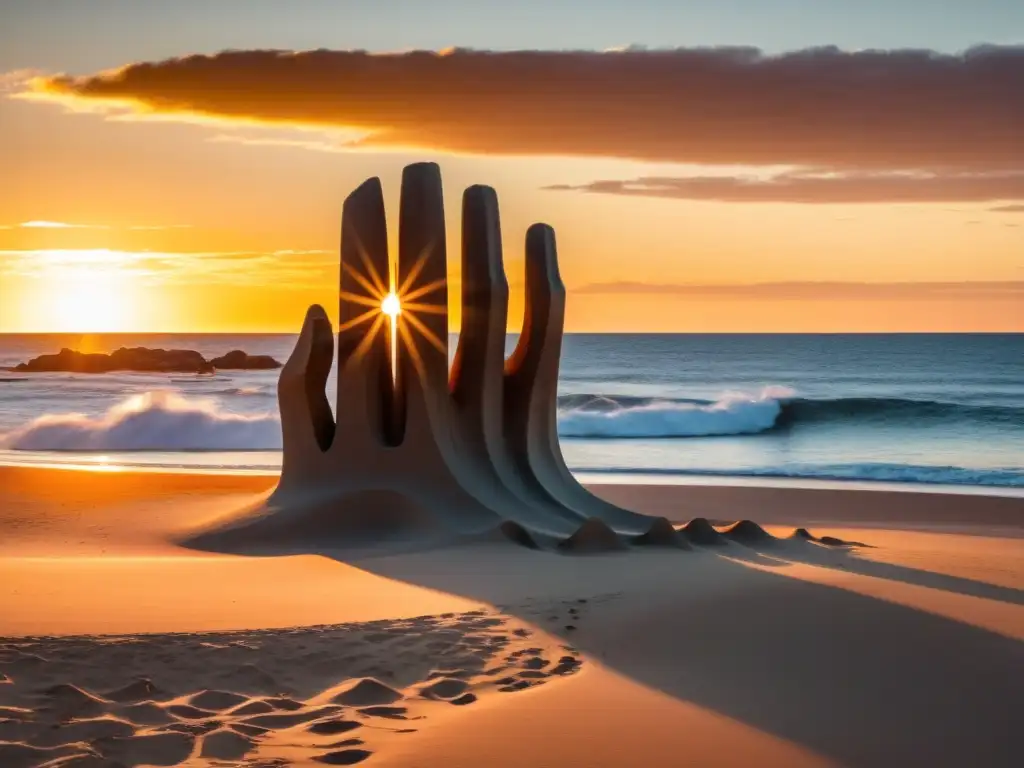 La Mano en Punta del Este, Uruguay, una de las atracciones culturales de bajo costo más icónicas, capturada en una puesta de sol de 8K