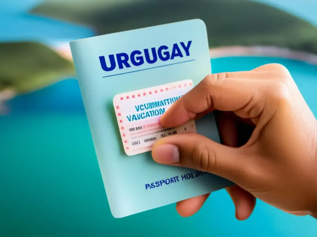 Mano de viajero mostrando pasaporte sellado de Uruguay y una pequeña curita, símbolo de las vacunas necesarias para visitar Uruguay