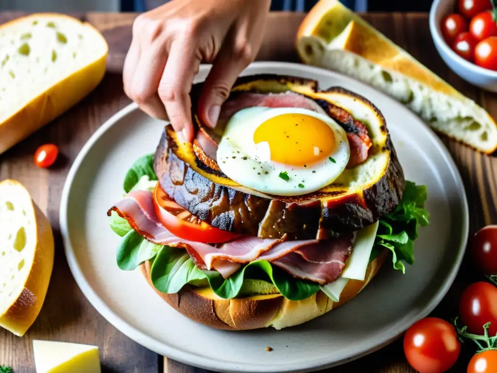 Manos expertas preparan un Platillo tradicional uruguayo Chivito, entre ingredientes frescos y una cálida cocina con decoración uruguaya