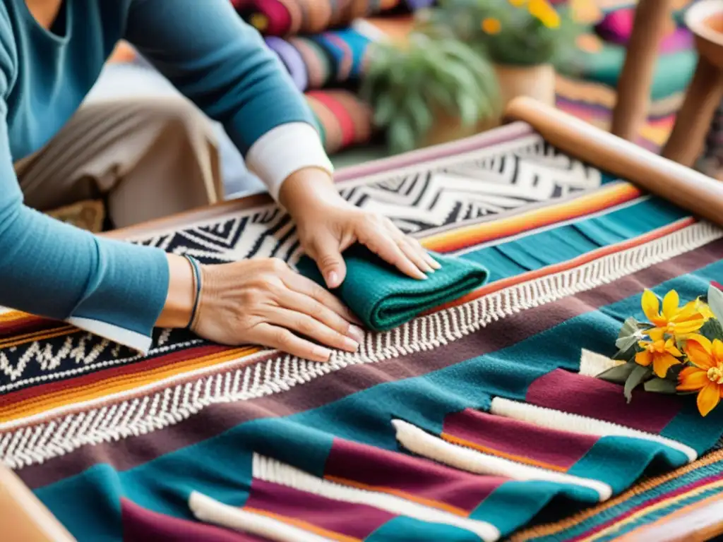 Manos hábiles tejiendo un tapiz colorido, reflejo de la influencia indígena en la cultura de Uruguay, en un mercado lleno de vida y color al atardecer