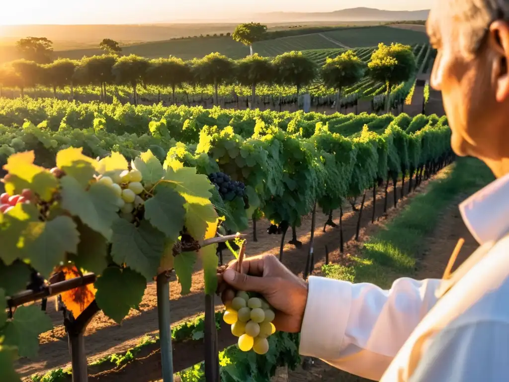 Manos de viticultor inspeccionan racimos en la Ruta del Vino Uruguay, resaltando la belleza cultural del atardecer dorado