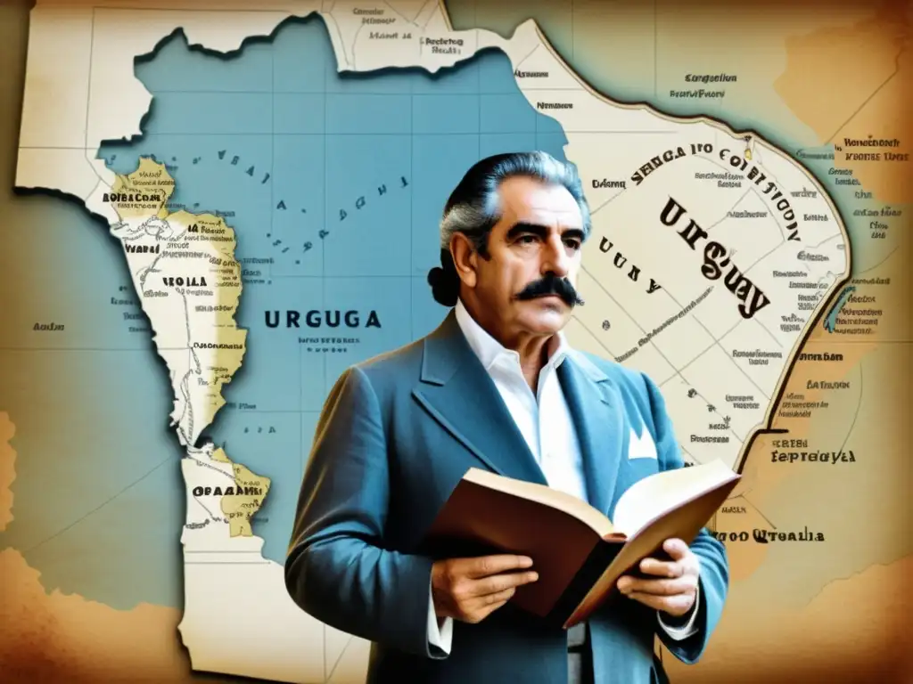 Mapa antiguo de Uruguay y foto en sepia de José Pedro Varela, líder de la educación y política, reflejan su legado en la moderna sociedad uruguaya