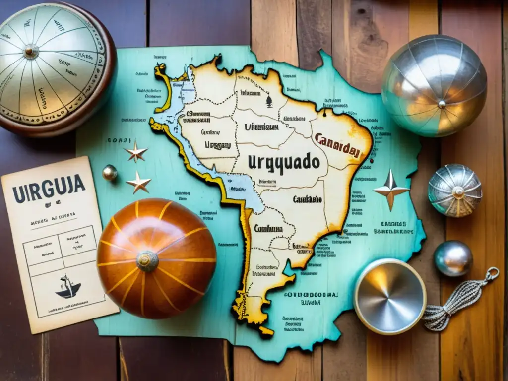 Mapa antiguo de Uruguay y objetos simbólicos de su cultura sobre mesa rústica, evocando leyendas populares Uruguay cultura