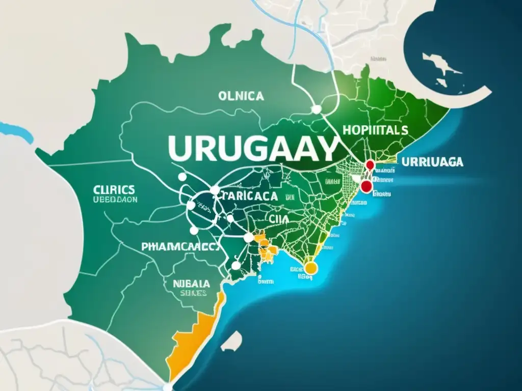 Mapa detallado de 8K de Uruguay, destacando la distribución y conexión del sistema sanitario en Uruguay, con énfasis en hospitales, clínicas y farmacias