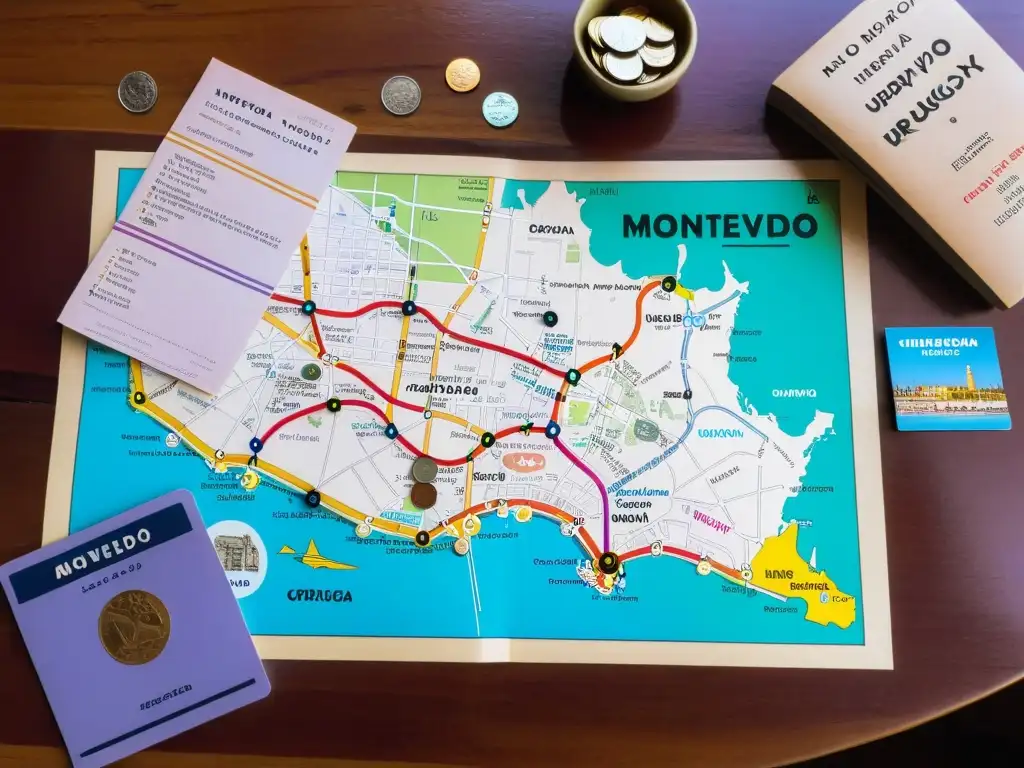 Mapa de Montevideo con pins coloridos y notas de consejos para un viaje económico por Uruguay, en una mesa de madera