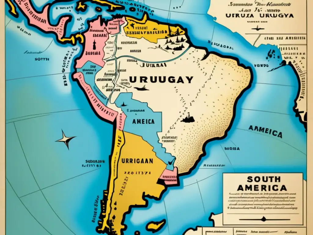 Mapa sepia de 1800 de América del Sur, destacando el nacimiento de la República Oriental de Uruguay tras la guerra civil, y su transformación en un país próspero y tranquilo