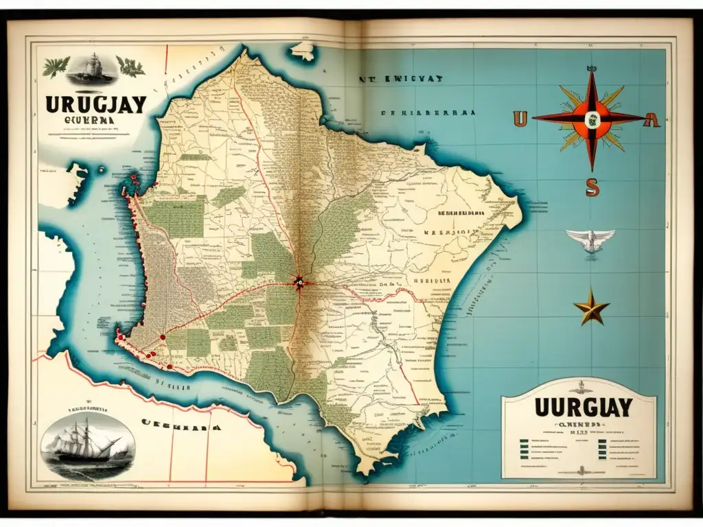 Mapa vintage detallado de la Guerra Grande en Uruguay en el siglo XIX, reflejo de nuestra historia y cultura