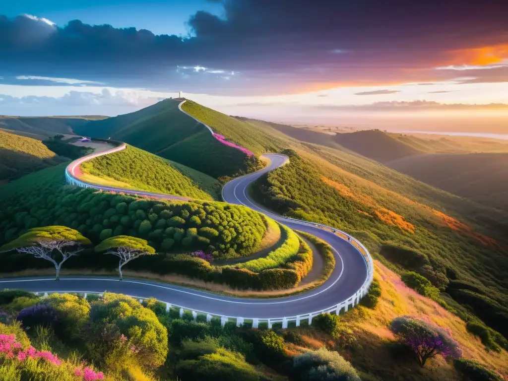 Maravillosa imagen 8k de una de las misteriosas rutas escénicas de Uruguay, serpenteando entre verdes colinas al atardecer