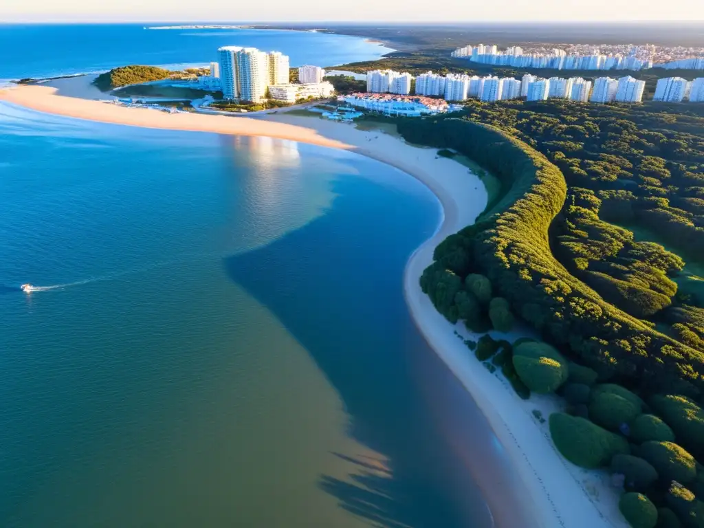 Maravillosa vista aérea de Punta del Este, Uruguay, donde la belleza cultura y un viaje fascinante se funden en un atardecer dorado