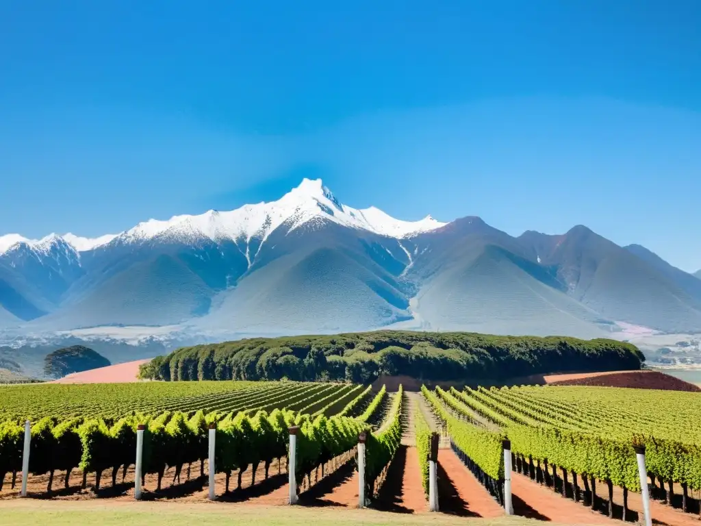 Maravillosa vista de una de las mejores bodegas para visitar en Uruguay, rodeada de extensos viñedos y montañas majestuosas