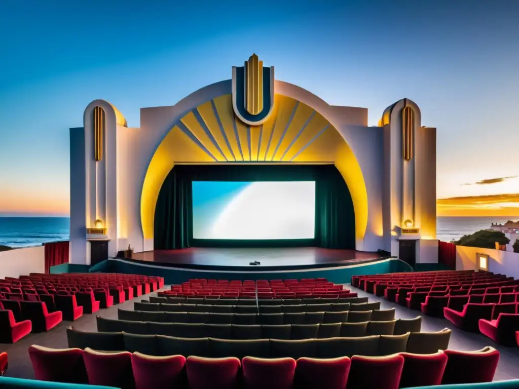 Maravillosa vista panorámica de un cine vintage Art Deco en Uruguay, bajo un atardecer dorado, anunciando un film local