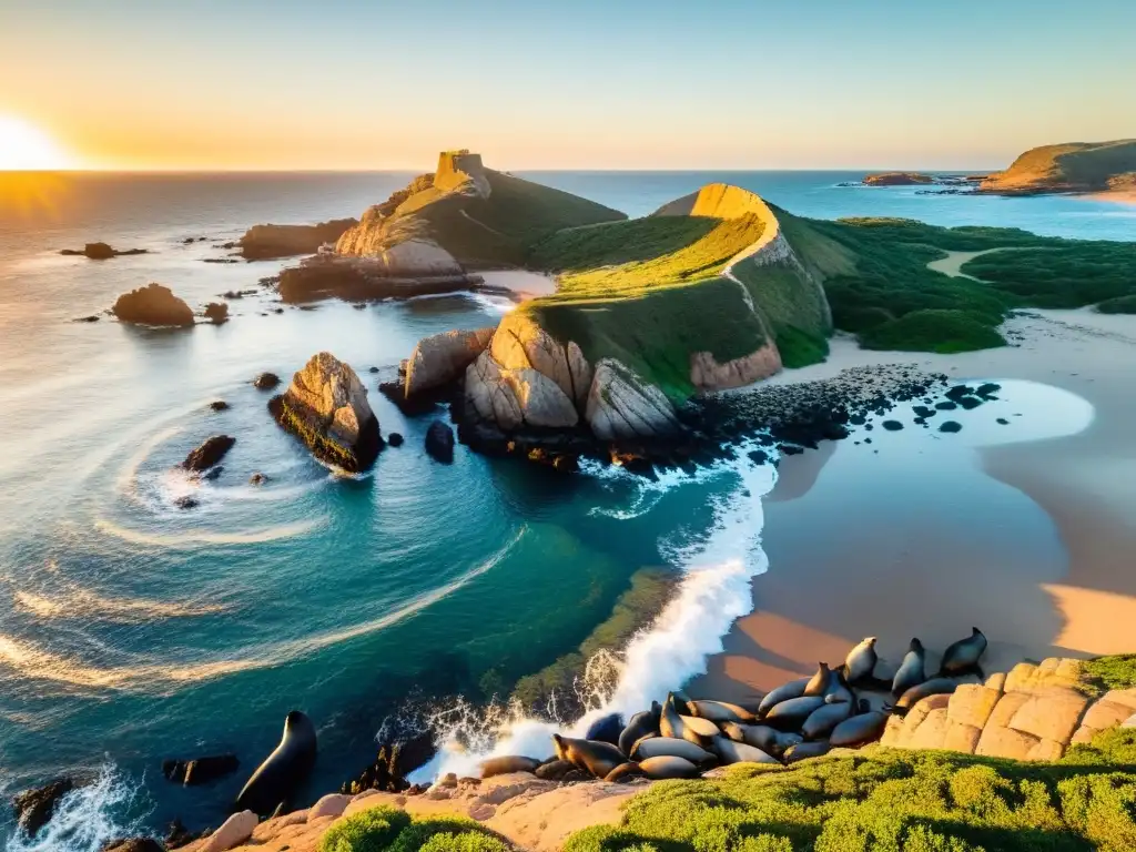 Maravillosa vista panorámica de la dorada hora en la Isla de Lobos, joya de las playas e islas de Uruguay, rebosante de vida salvaje