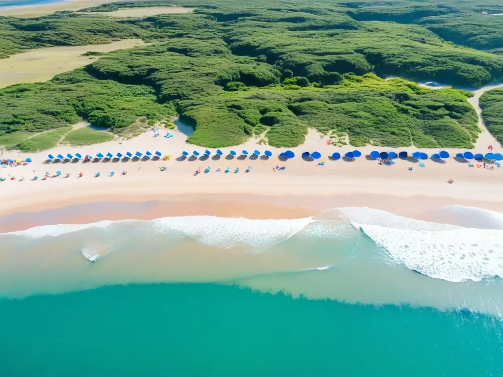 Maravillosa vista de las Playas de Oro en Uruguay, con arena dorada, olas azules, turistas bajo coloridos paraguas y un atardecer sereno