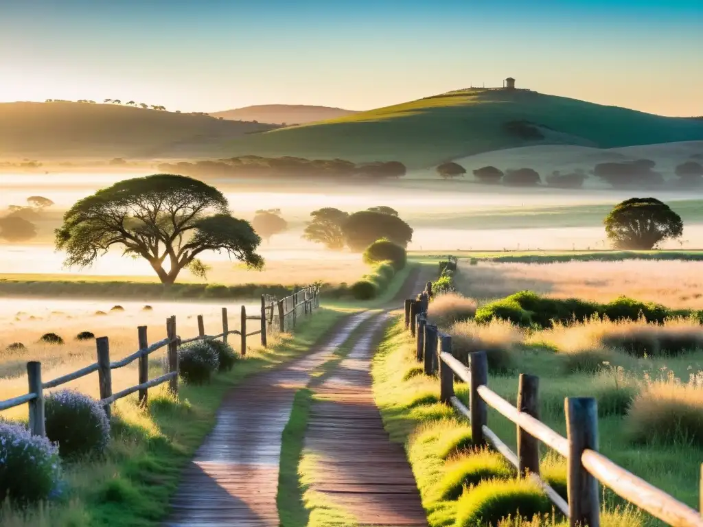 Maravilloso amanecer en Uruguay, camino de madera serpentea hacia una granja rústica entre prados verdes y flores silvestres