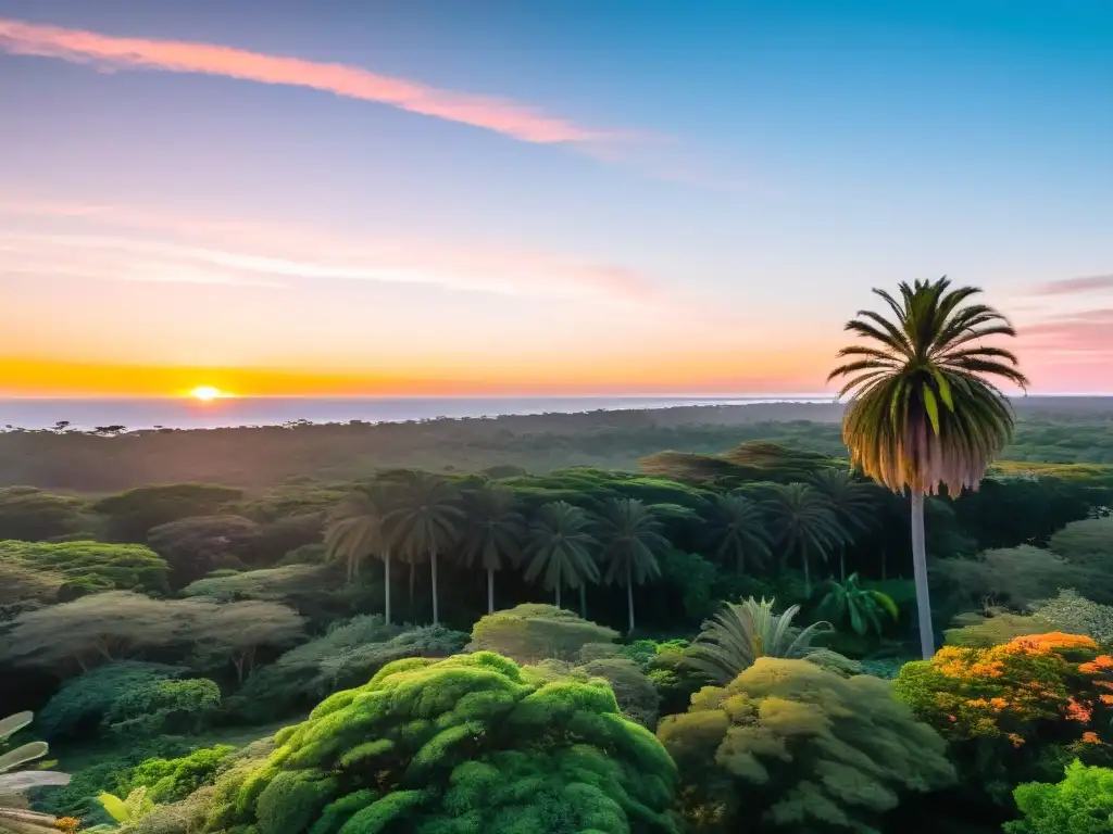 Maravilloso amanecer en el Parque Nacional Santa Teresa, Uruguay, con un cielo teñido de rosa y dorado, iluminando la vibrante vegetación