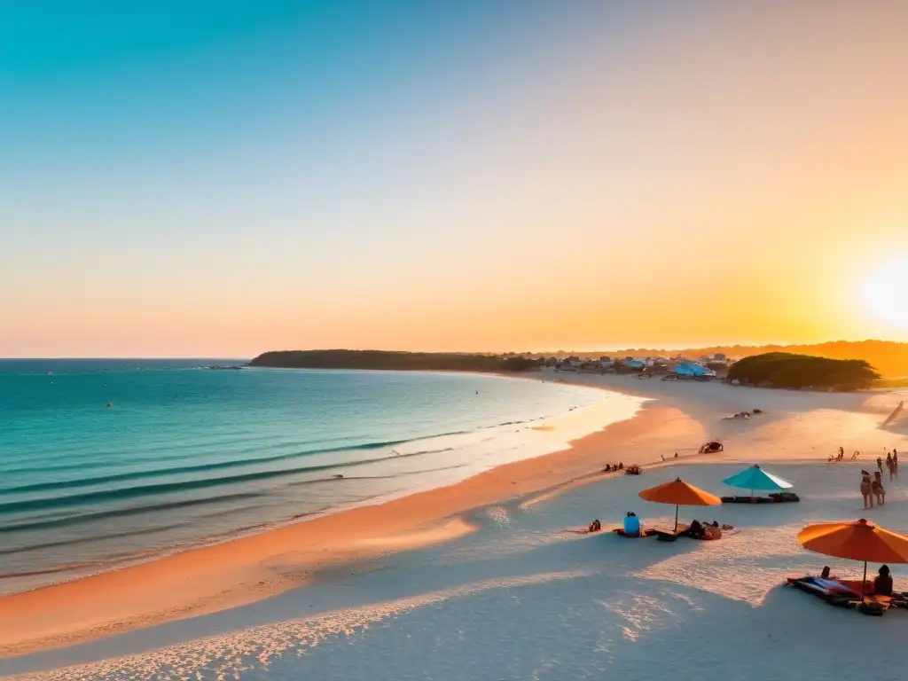 Maravilloso ocaso en una de las mejores playas familiares de Uruguay, niños jugando, padres relajándose y un vibrante juego de vóley playa