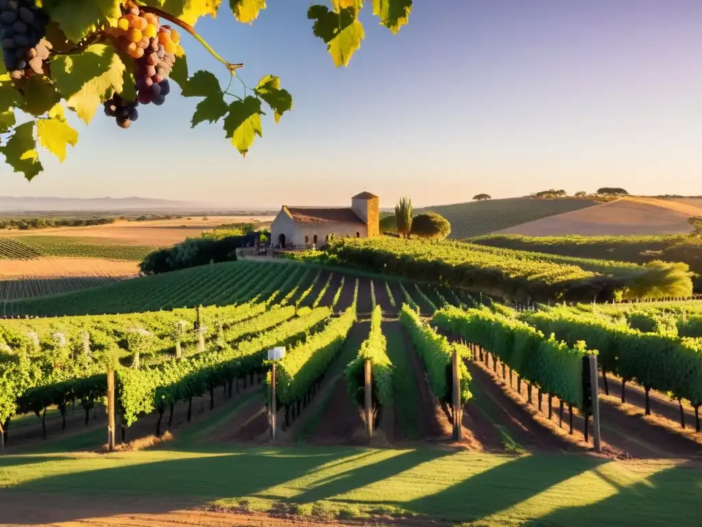 Maridaje gastronomía vinos uruguayos, resaltado por la vista del atardecer dorado en la región vinícola uruguaya, un paisaje de ensueño