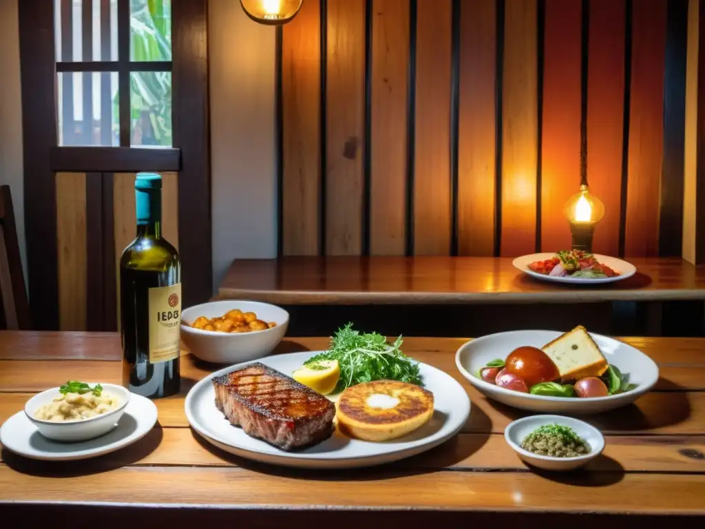 Maridaje de platos uruguayos y vinos en una cálida taberna, destacando asado, ensalada rusa y milanesa bajo una luz tenue