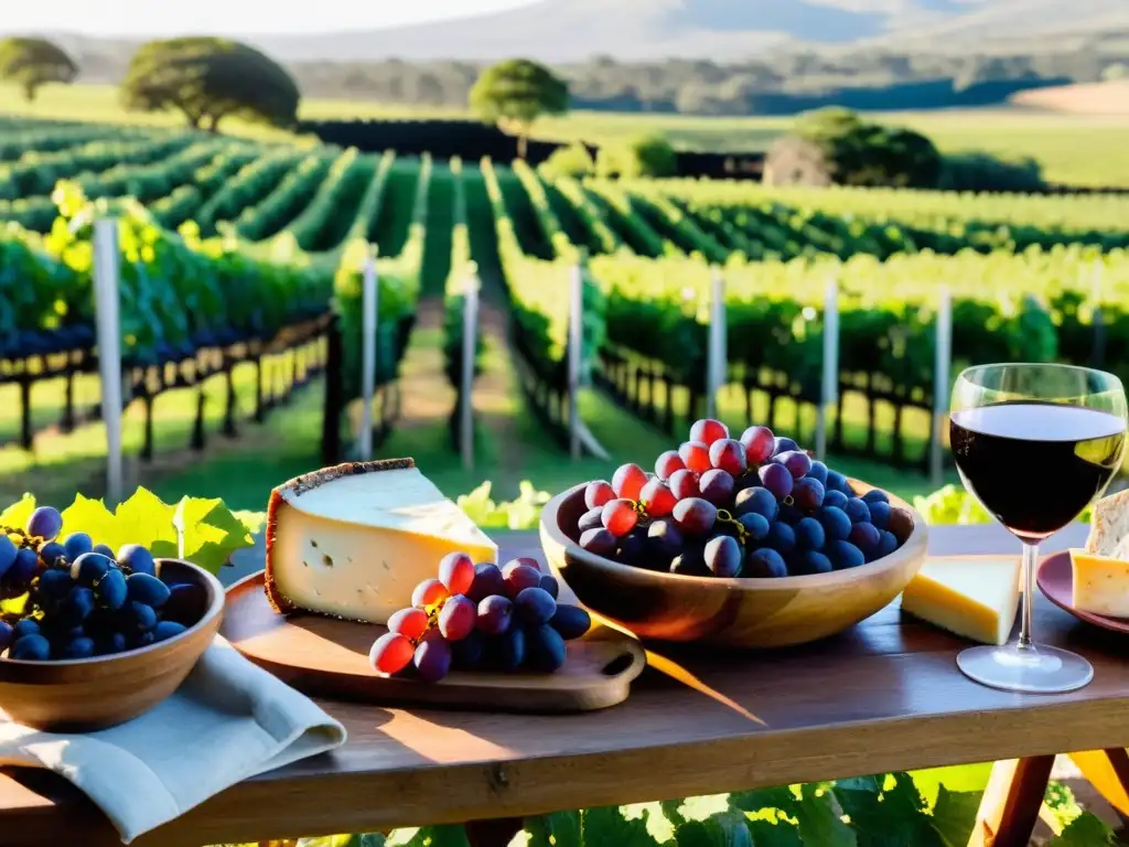 Maridaje de platos uruguayos y vinos en un viñedo soleado, con mesas rústicas llenas de abundancia y tranquilidad